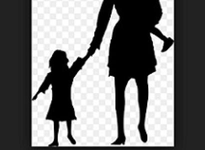 Black silhouette of woman holding the hand of a little girl holding a baby in other arm