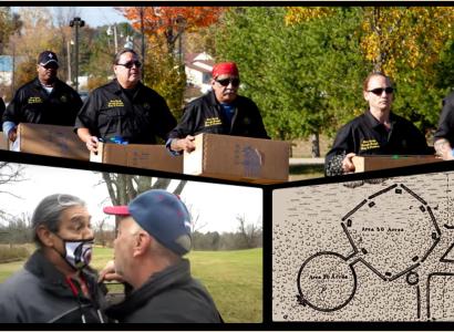 People with boxes, a map