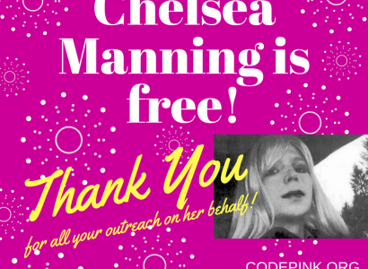 Pink background with photos of blonde woman and words Chelsea Manning is free! Thank  you for all your outreach on her behalf!