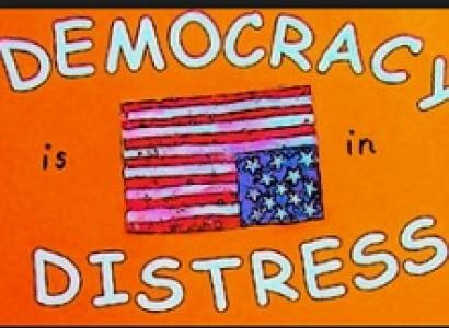 Drawing up upside down flag in between the words Democracy in distress