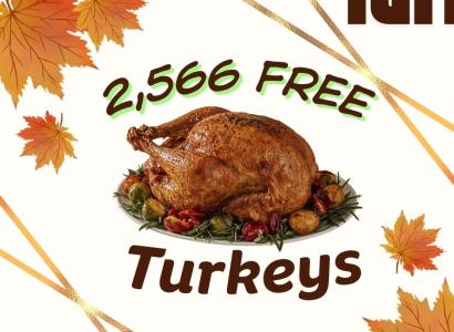 Roasted turkey and it says 2566 free turkeys