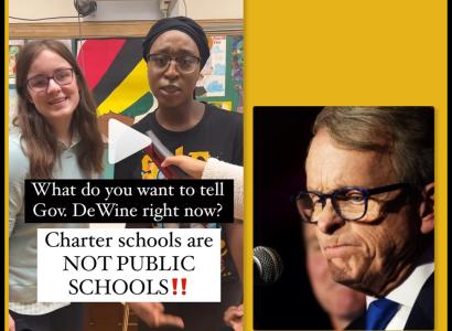 Kids with a sign about charter schools not public schools and Dewine