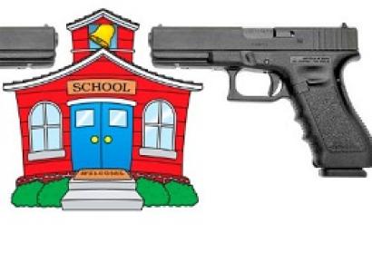 Drawing of a schoolhouse with two large guns on each side aimed at it