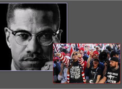Malcolm X and person wearing red, white and blue