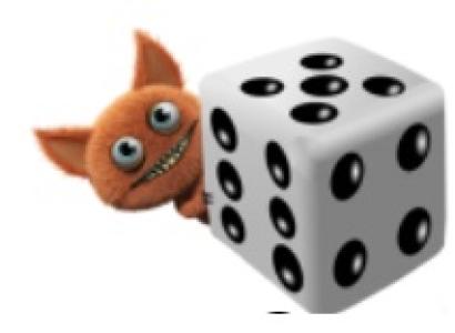 Little pointy-eared creature with big eyes and a toothy smile peeking out from behind a dice