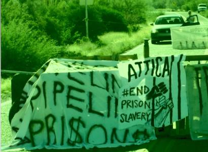 Banner about stopping prison slavery