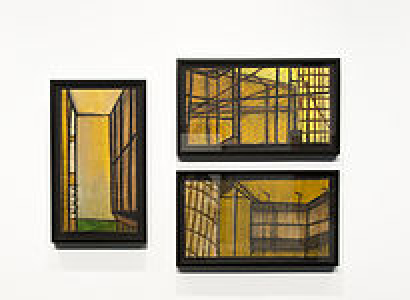 Three pictures of skeletal looking rooms