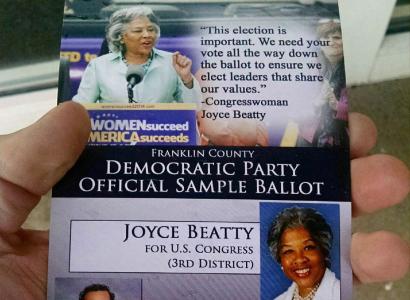 Flier with faces  of men and women running for office with words Democratic Party sample ballot