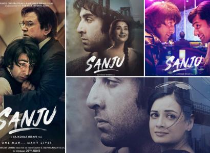 Several squares of photos of close-up of man's face and the word Sanju