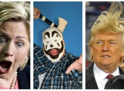 Hillary with mouth and eyes scarily open, Insane Clown Posse guy in scary whiteface with an ax, and Trump with his hair blowing straight up in the air