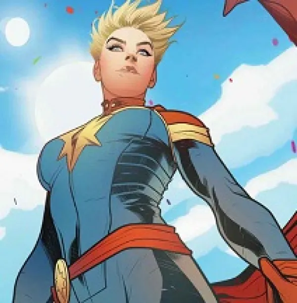 Female superhero comicbook character wearing a tight blue onesie, a red belt, gold epaulets on the shoulders. short blonde hair very spiky against a blue sky with clouds