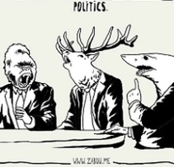 Black line drawing of three men at a table supposedly arguing though their heads are a gorilla, a stag with antlers and a shark, the word politics at the top