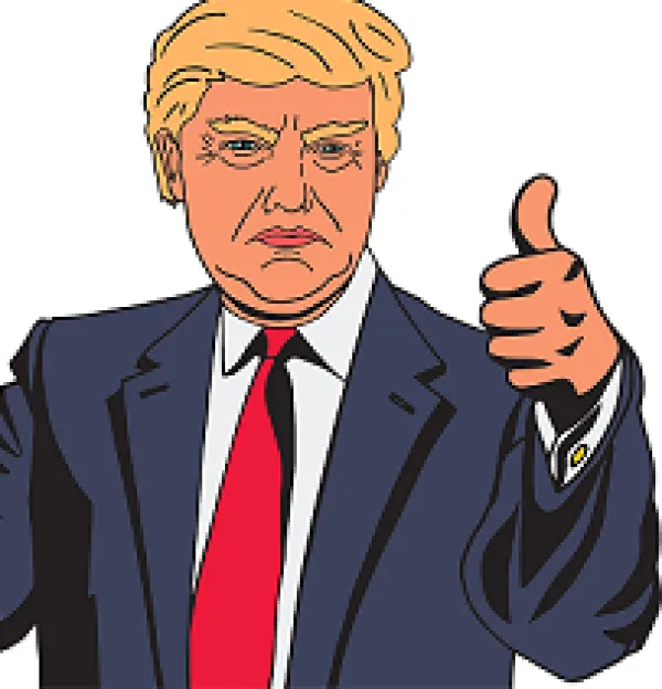 Cartoon of older man with fluffy yellow hair and a blue suit with red tie holding his thumb up, but the look on his face is a big frown