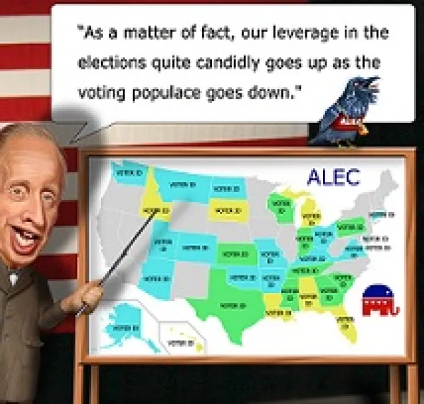 Character of man with pointing stick pointing at a map of the US on a board and the words above "As a matter of fact, our leverage in the elections quite candidly goes up as the voting populace goes down