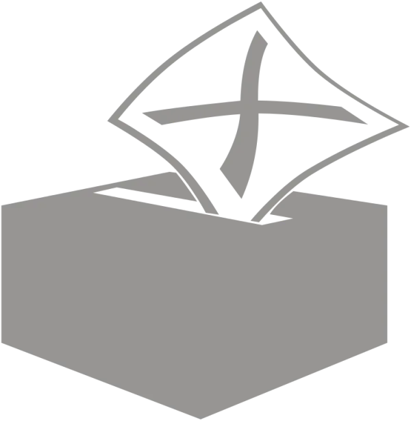 Gray rectangle box with open slot on top and piece of paper with an X on it like a ballot going inside