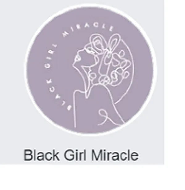 Purple circle with a drawing of a side view of a woman with curly hair and the words Black Girl Miracle