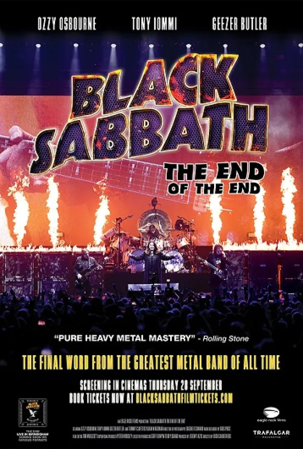 Movie poster with words Black Sabbath the end of the end and them playing in their band on stage in front of a crowd