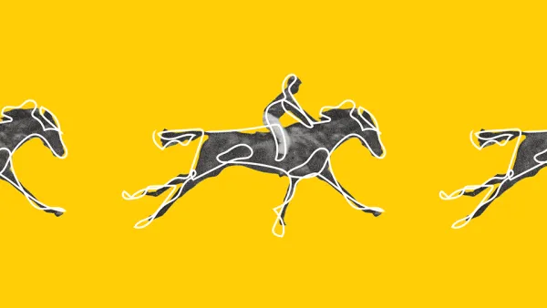Yellow background with sketchy drawings of jockeys riding horses