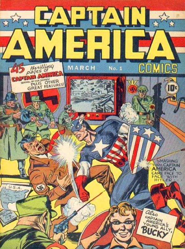 Comic book with Captain America punching a Nazi