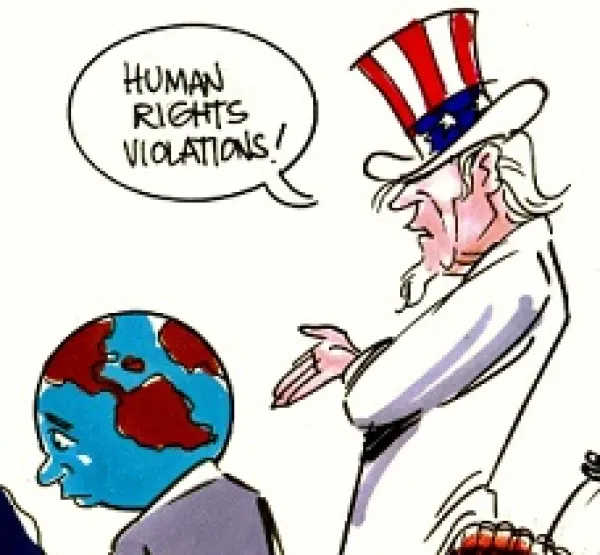 Drawing of Uncle Sam in a red, white and blue top hat talking to the world saying Human RIghts Violations