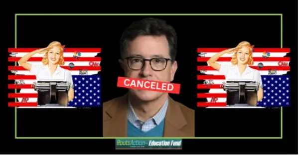 Colbert with CANCELED over his mouth