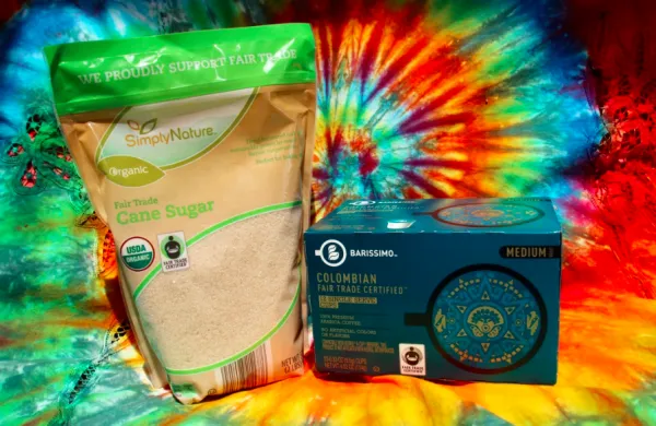 Pictures of a bag of health sugar and certified organic food against a bright colorful tie-dyed background