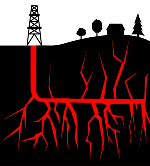 Black and red image of the ground on top with a fracking tower, trees and a house and below red lines branching out underneath