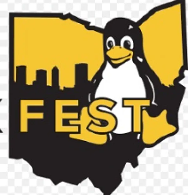 Cartoon of Penguin on top of a map of the state of Ohio with the word FEST in front of it