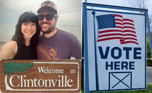 Will Klatt and wife, Clintonville sign and Vote Here sign