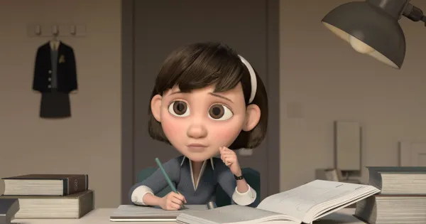 3D cartoon girl at a table with pencil and book