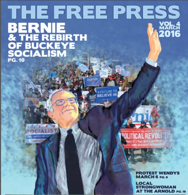 Cover of Free Press, artist rendering of Bernie Sanders, people marching in the background