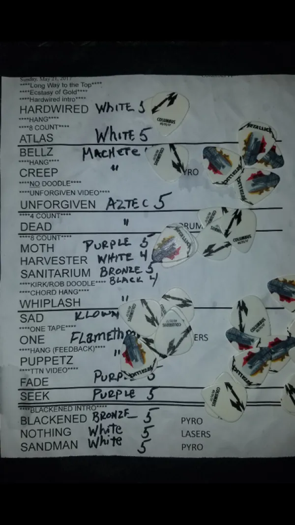 A list of bands with a lot of handwritten notes all over it