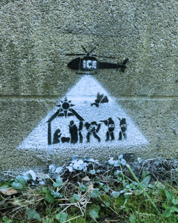 Hand drawn picture of ICE helicopter picking up Mary, Joseph and Jesus