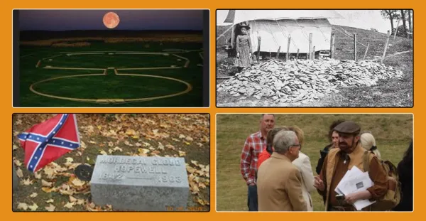Hopewell's grave, historic photo of site people outside talking together
