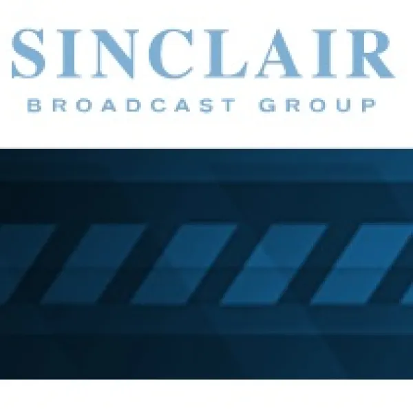 Blue design with sideways rectangles at the bottom and words Sinclair broadcast group at the top