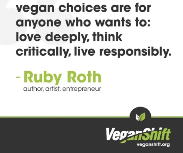 Veganshift logo at bottom and quote "vegan choices are for anyone who wants to: love deeply, think critically, live responsibly