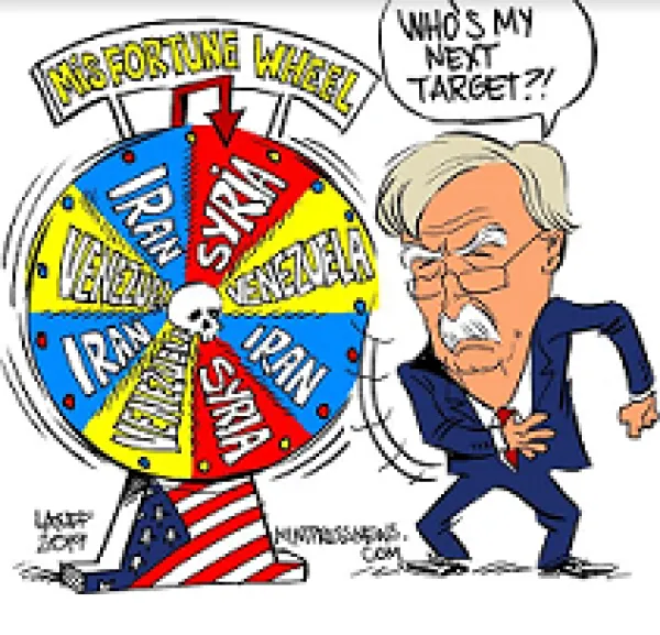 John Bolton comic character, an older man in a suit with white hair, bushy white eyebrows, white mustache and wire rimmed glasses spinning a wheel of misfortune wheel with names of countries like Iran, Syria, Venezuela on it and his bubble words say Who's my next target?