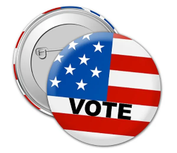 Lapel button that says Vote with a flag on it