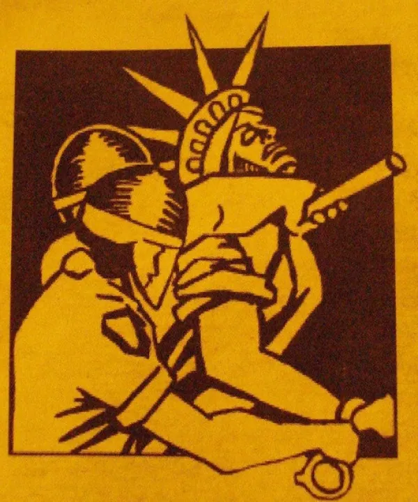 The Statue of Liberty being strangled from behind by a cop in a riot helmet with a baton