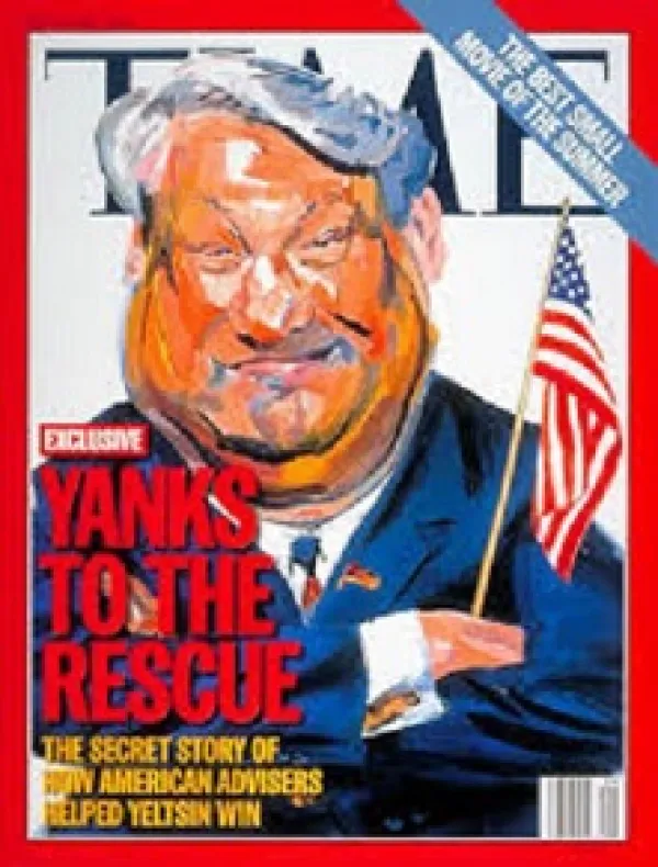 Time magazine cover with heavy white haired man holding American flag and words Yanks to the rescue