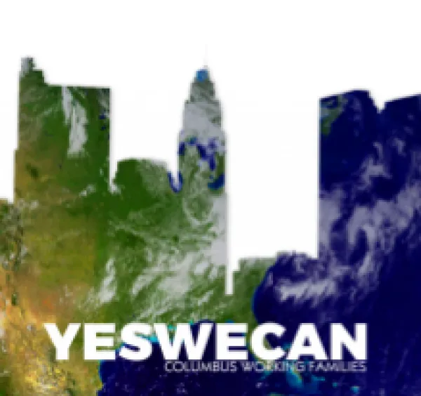 A colorful image of Columbus skyline in green, yellow and blue with white words in front at the bottom Yes We Can