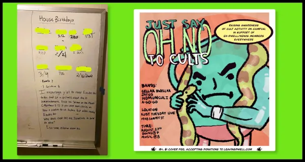 Two images one of a list of birthdays and one saying Say Oh No to Cults