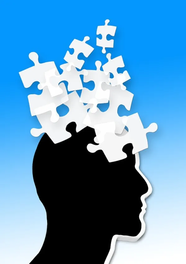 Black silhouette of a head facing right with white puzzle pieces flying out of his head against a blue background