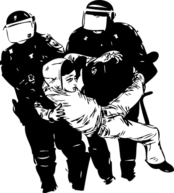 Drawing of two police arresting a guy and carrying him 